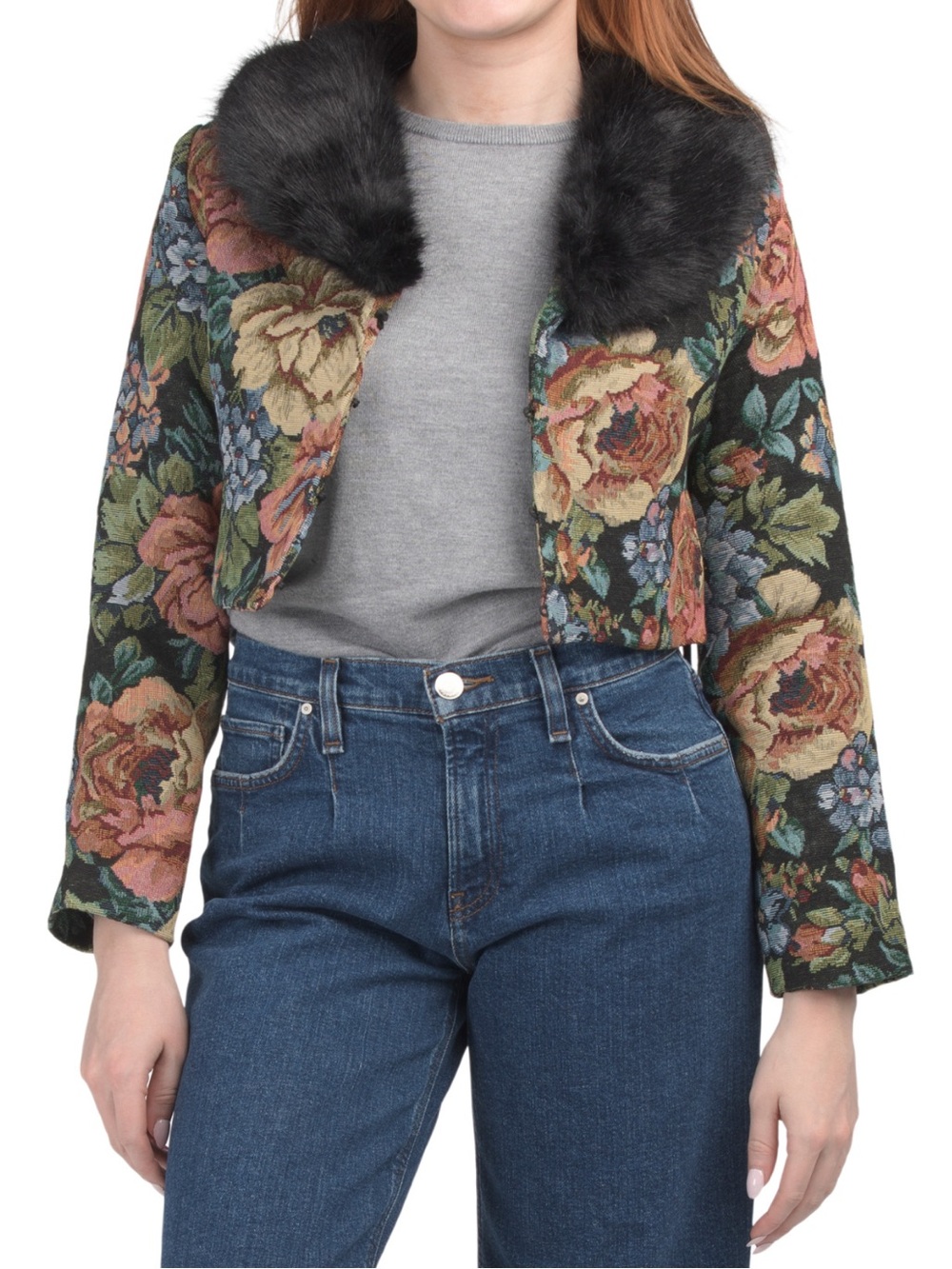 Unreal Fur Womens Floral Tapestry Cropped Jacket with Faux Fur Collar
